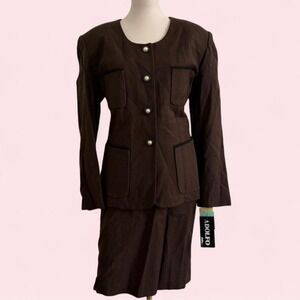 Adolfo NWT Brown 100% Wool Skirt Suit Pearl Buttons Patch Pockets Size 16